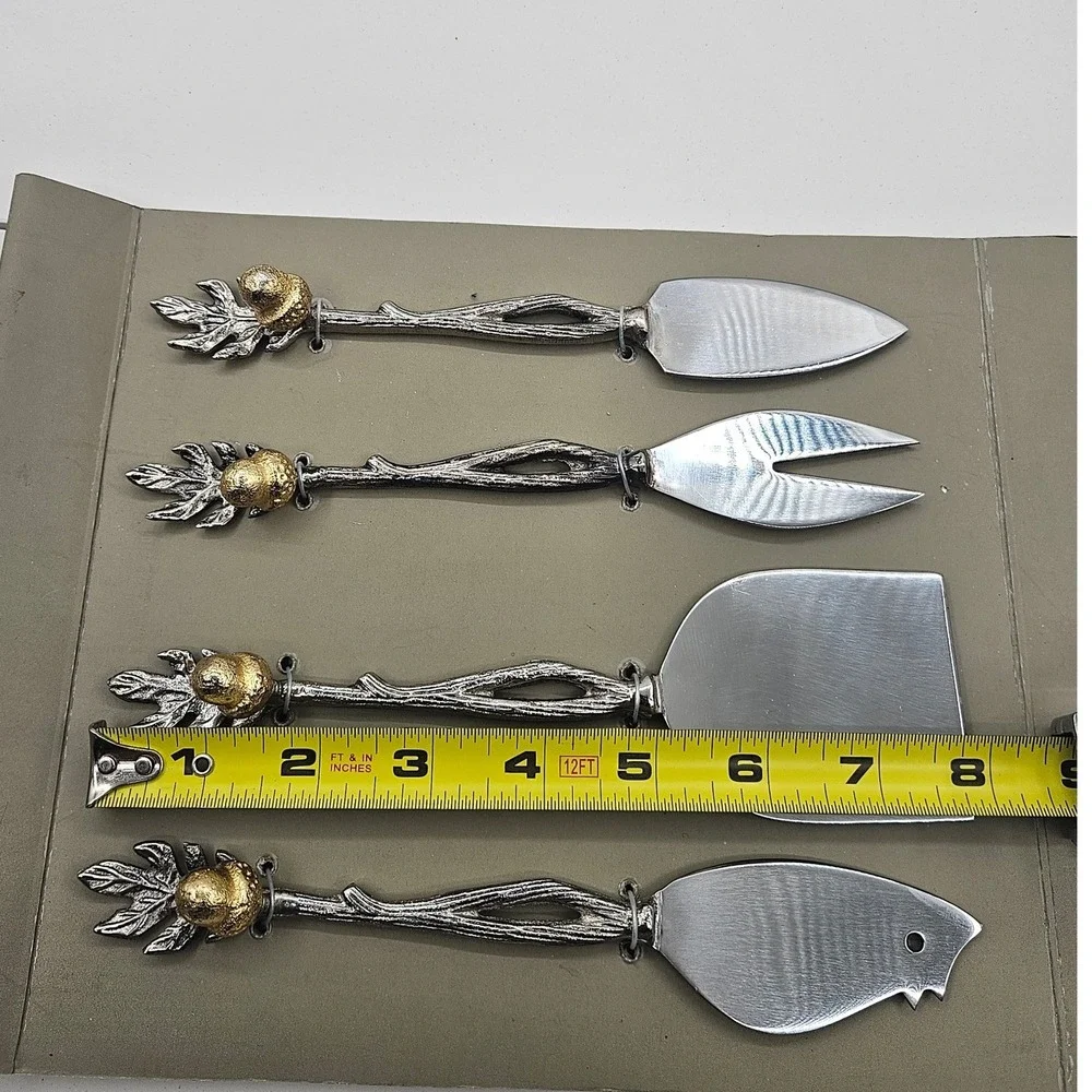 4pc Acorn Oak Leaf Cheese Knife Set Silver Gold Twig Handle Nature Theme NEW